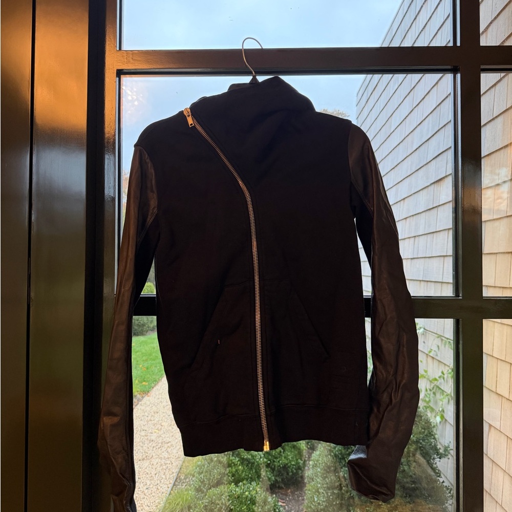 Rick Owens Black Leather Sleeve Sweatshirt